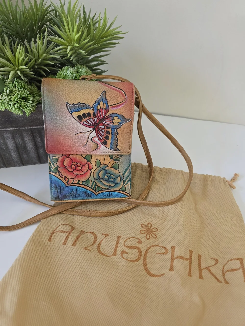 Anuschka Hand Painted Leather Crossbody Bag Butterfly Floral Mini Purse Clutch